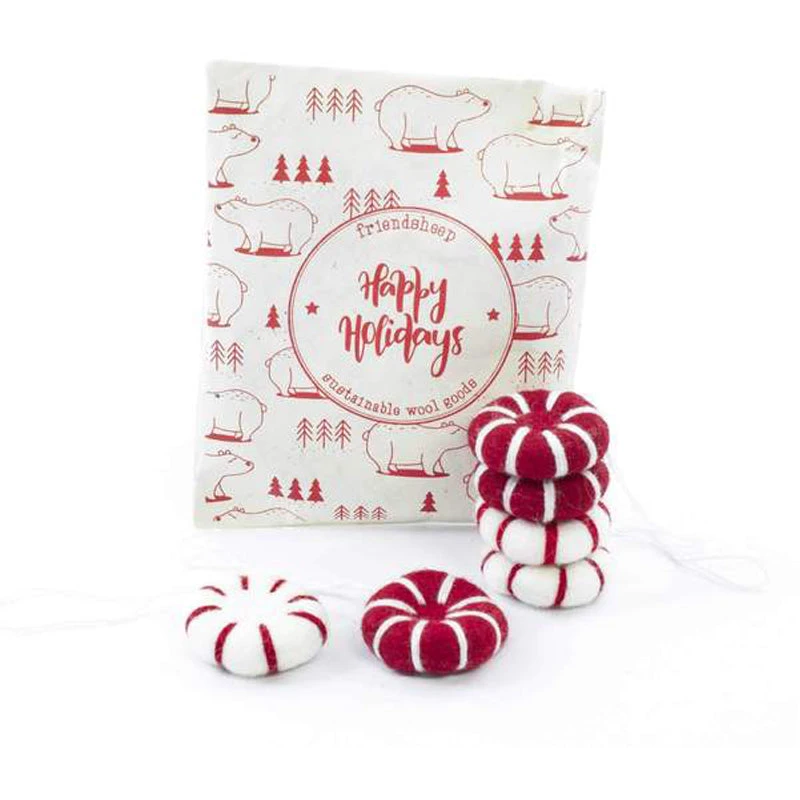Peppermint Wool Ornaments 6pk